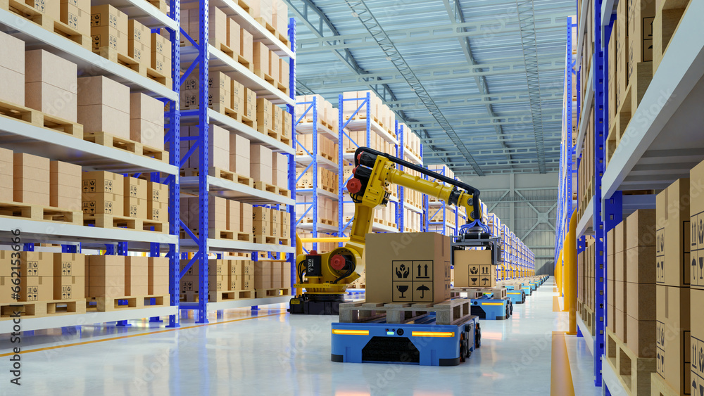 Fototapeta premium Factory Automation with AGV and robotic arm in transportation to increase transport more with safety