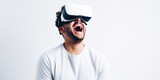 Happy young man wearing virtual reality headset and playing a videogame online, Future technology
