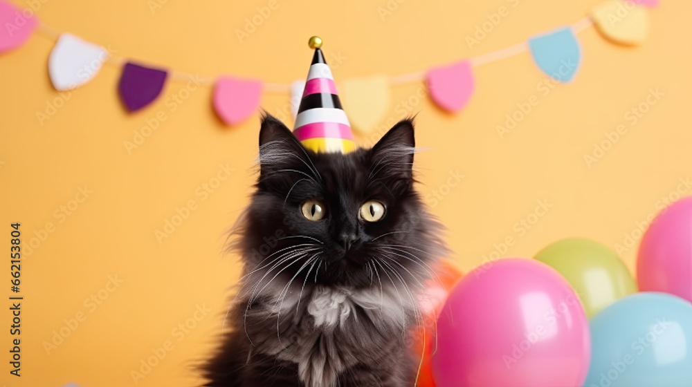 cat with party birthday hat and balloons, birthday cat cat with party birthday hat and balloons, birthday cat