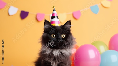 cat with party birthday hat and balloons  birthday cat 