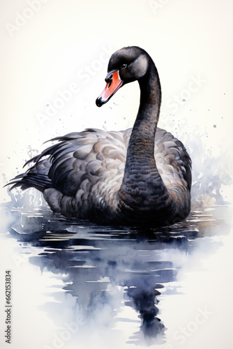 Watercolor illustration of a black swan