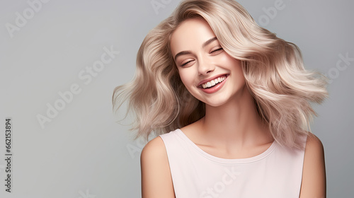 portrait of a woman with blond healthy silky hair, happy and smiling woman, beauty 