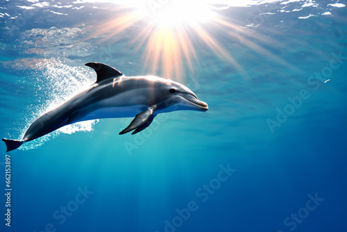 blue smooth dolphin swims in the open sea, the sun's rays shine from the sky. AI GENERATE © ibragimova