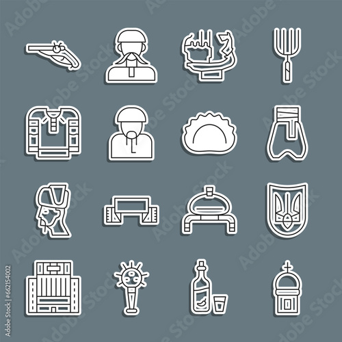 Set line Church tower, Ukrainian trident, Cossack pants, Monument founders of Kiev, cossack, Embroidered shirt, Vintage pistols and Dumplings icon. Vector