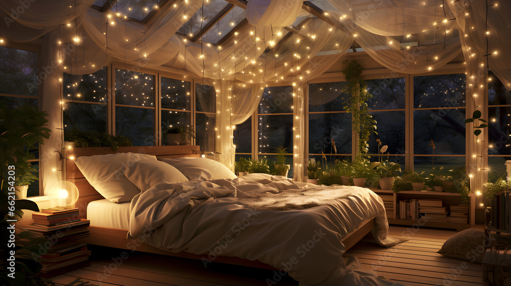 Fairy tale-inspired cozy dreamy bedroom with a four-poster canopy bed, twinkling string lights, and whimsical decor, transforming the space into a magical retreat  - obrazy, fototapety, plakaty 
