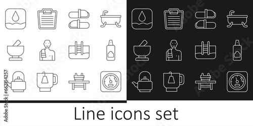 Set line Sauna thermometer, Spray can for hairspray, slippers, Man in sauna, Mortar and pestle, Water drop, Swimming pool with ladder and Bathroom scales icon. Vector