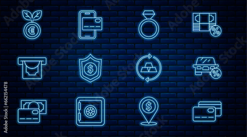 Set line Credit card, Car leasing percent, Diamond engagement ring, Shield with dollar, ATM and money, Euro plant, Gold bars and Mobile banking icon. Vector