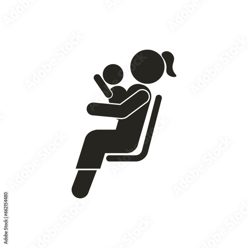 Isolated black pictogram icon of woman carry baby, women infant, adult with child sign sit on a chair for priority seat sign
