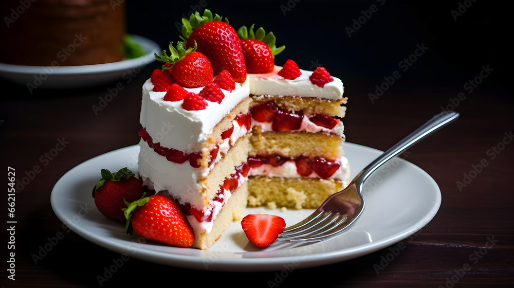 Cheesecake with strawberries, on a plate, triple layer cream cake. 