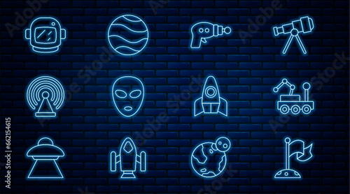 Set line Moon with flag, Mars rover, Ray gun, Alien, Radar, Astronaut helmet, Rocket ship and Planet icon. Vector