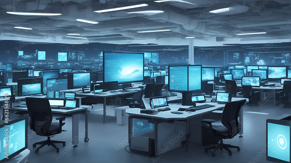 workspace with computer monitors for IT Background workspace with computer monitors for IT Background