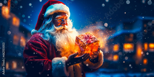 Santa Claus or Saint Nicholas holding magic gift box. Christmas time. Fairytale photo