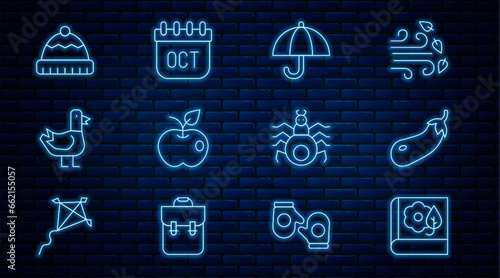 Set line Herbarium, Eggplant, Umbrella, Apple, Dove, Winter hat, Spider and October calendar autumn icon. Vector