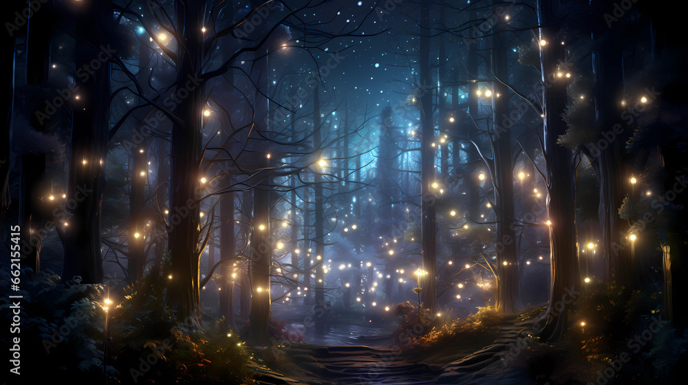 Magical forest with christmas trees and glowing lights
