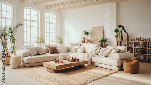 Un salon bohème moderne, minimaliste, confortable et élégant, avec des couleurs neutres. Inspiration pour la décoration intérieure. IA générative, IA © MiniMaxi