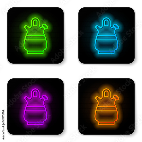 Glowing neon line Sangria pitcher icon isolated on white background. Traditional spanish drink. Black square button. Vector