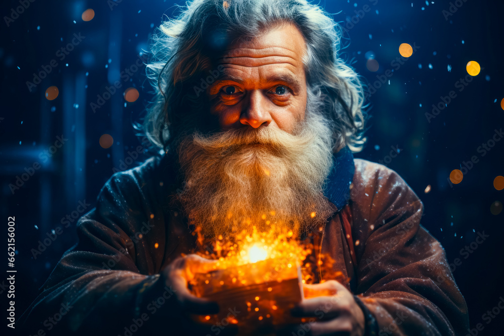 Santa Claus or Saint Nicholas holding magic gift box. Christmas time. Fairytale Santa Claus or Saint Nicholas holding magic gift box. Christmas time. Fairytale