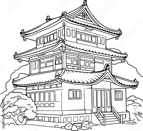 outline illustration of Japan House for coloring page