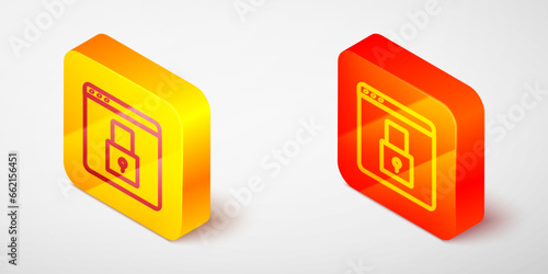 Isometric line Secure your site with HTTPS, SSL icon isolated on grey background. Internet communication protocol. Yellow and orange square button. Vector