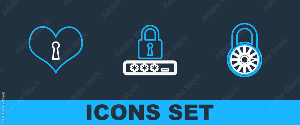 Set line Safe combination lock wheel, Heart with keyhole and Password protection icon. Vector Set line Safe combination lock wheel, Heart with keyhole and Password protection icon. Vector