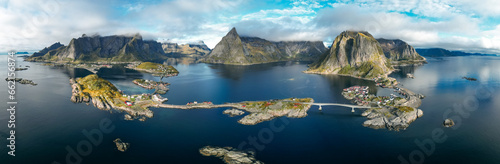 Panorama Lofoten is an archipelago in the county of Nordland, Norway. Is known for a distinctive scenery with dramatic mountains and peaks, open sea and sheltered bays, beaches and untouched lands. photo