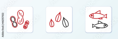 Set line Fish, Peanut and Sesame seeds icon. Vector