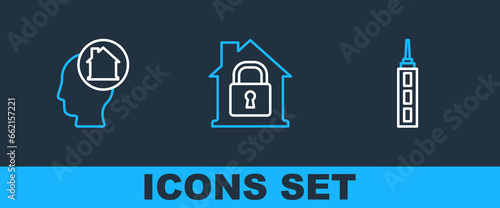 Set line Skyscraper, Man dreaming about buying house and House under protection icon. Vector
