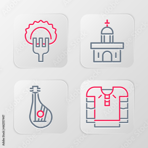 Set line Embroidered shirt, Bandura, Church building and Dumplings on fork icon. Vector