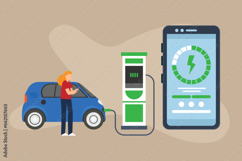 EV charger station application on mobile 2d vector illustration concept for banner, website, landing page, flyer, etc EV charger station application on mobile 2d vector illustration concept for banner, website, landing page, flyer, etc