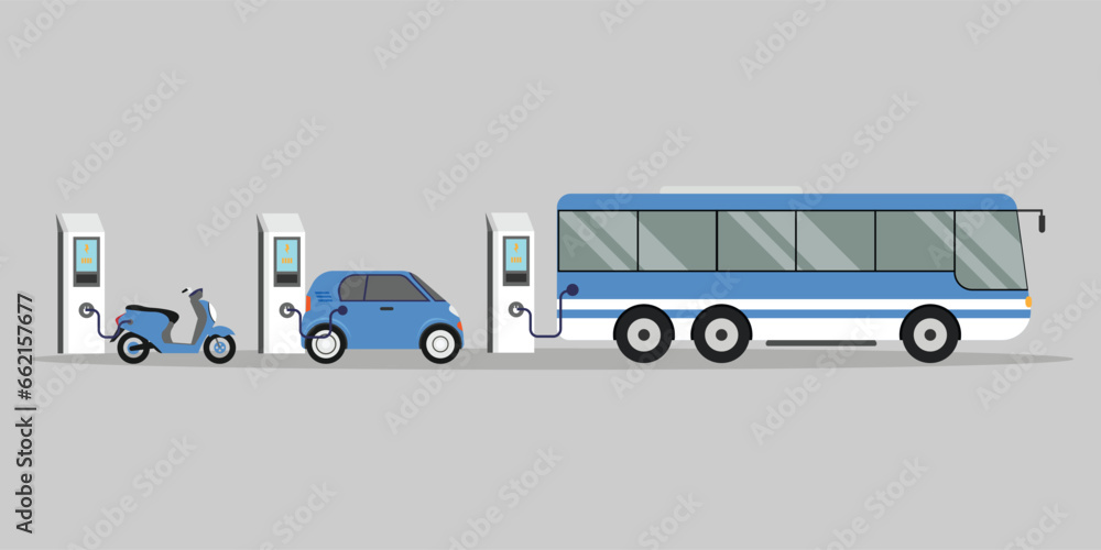 Company electric cars fleet charging on parking lot with fast charger station and many charger stalls 2d vector illustration concept for banner, website, landing page, flyer, etc