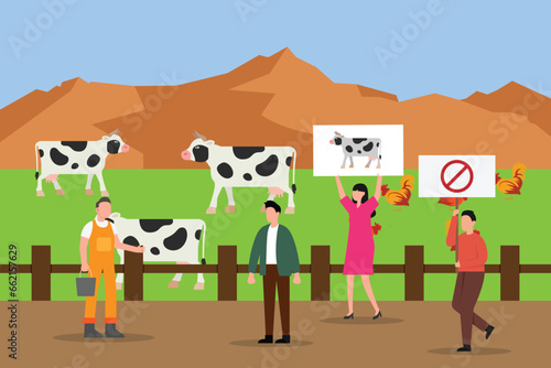 People protesting the used of animal for food 2d vector illustration concept for banner, website, landing page, flyer, etc