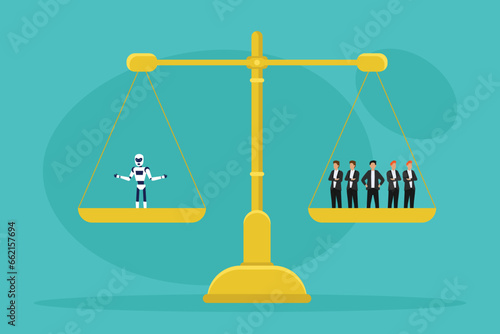 Robot standing on the scale and equal to five business people 2d vector illustration concept for banner, website, landing page, flyer, etc