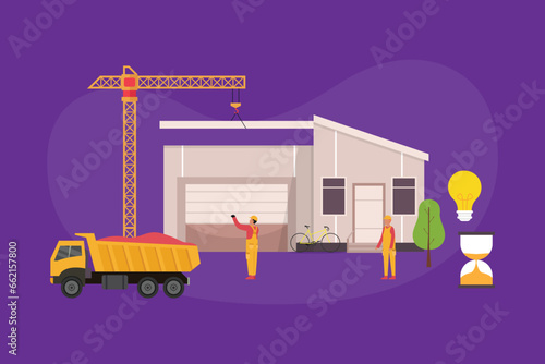 Construction site and new residential panel building house 2d vector illustration concept for banner, website, landing page, flyer, etc