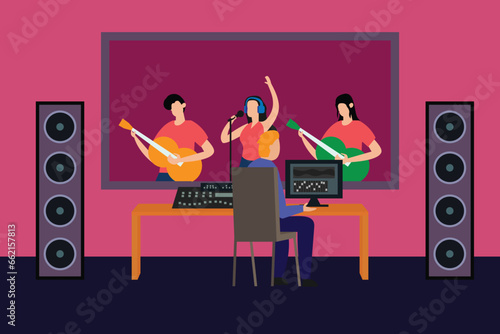 Sound recording studio. People sitting in control room with different equipment for capturing, mixing and mastering music 2d vector illustration concept for banner, website, landing page, flyer, etc