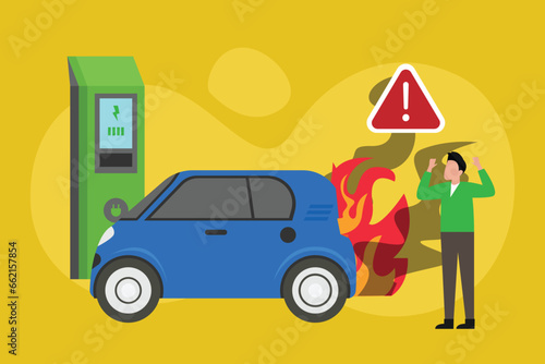 EV Electric Vehicle on fire 2d vector illustration concept for banner, website, landing page, flyer, etc