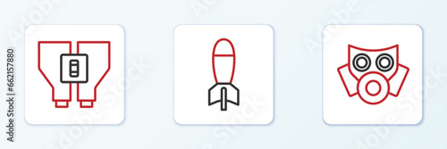 Set line Gas mask, Binoculars and Rocket launcher icon. Vector