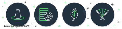 Set line South Korean won coin, Kimchi, hat and Traditional fan icon. Vector