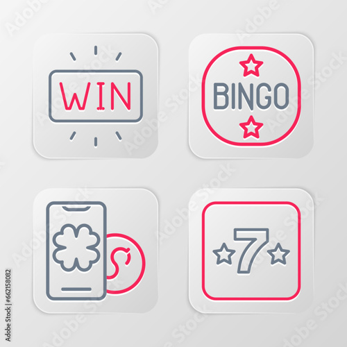 Set line Casino slot machine, Online poker table game, Bingo and win icon. Vector