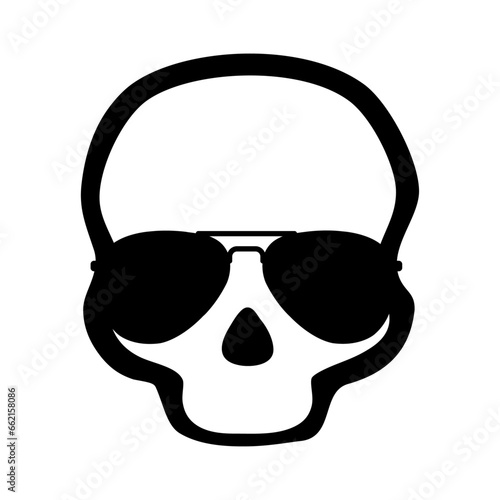Logo de calavera humana con silueta de gafas de sol para su uso en invitaciones y tarjetas de Halloween