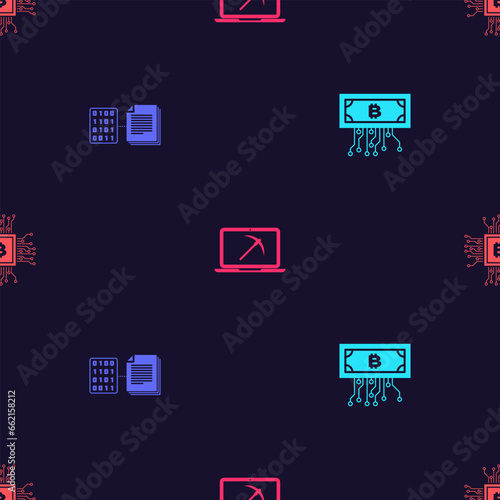 Set Cryptocurrency bitcoin with circuit, Smart contract, Mining laptop and pickaxe and CPU mining farm on seamless pattern. Vector