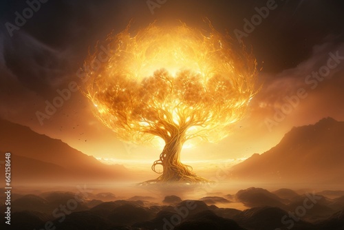 A nebulous formation resembling a celestial tree surrounded by a golden haze. Generative AI