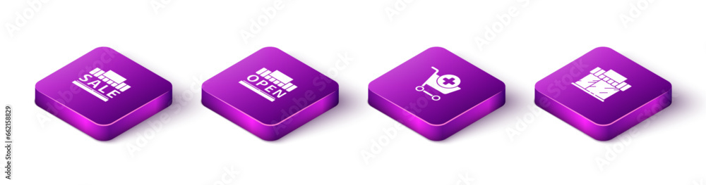 Set Isometric Shopping building and sale, open, Add to cart and or market store icon. Vector Set Isometric Shopping building and sale, open, Add to cart and or market store icon. Vector