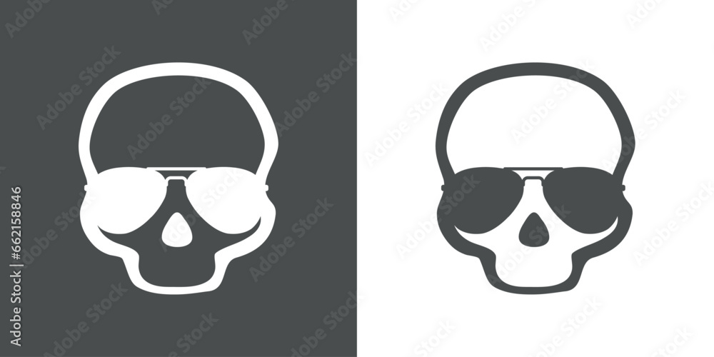 Logo de calavera humana con silueta de gafas de sol para su uso en invitaciones y tarjetas de Halloween - obrazy, fototapety, plakaty 
