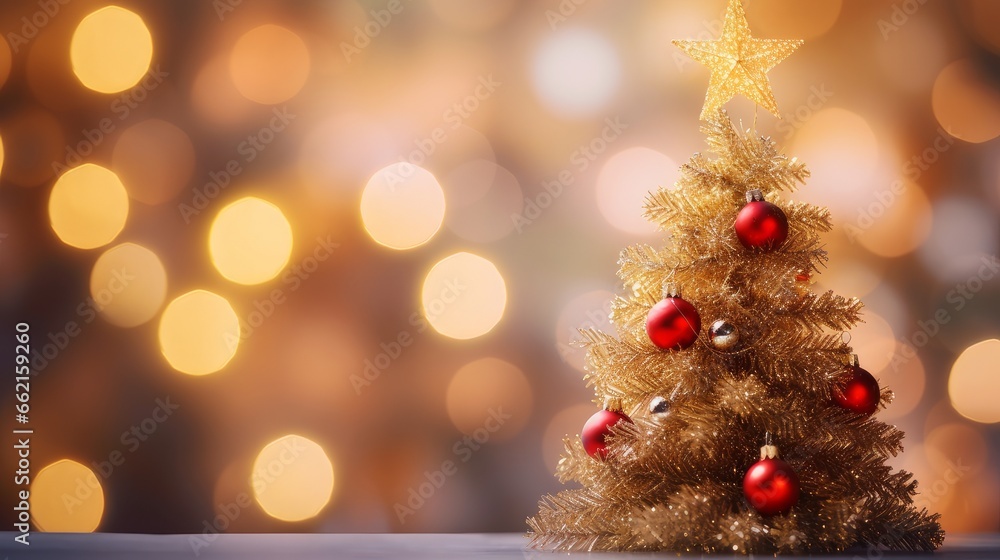 Christmas tree with red gold decorations and baubles on blurred bokeh lights background
