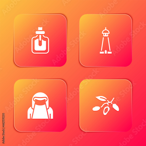 Set Perfume, Mosque tower or minaret, Muslim woman niqab and Date fruit icon. Vector