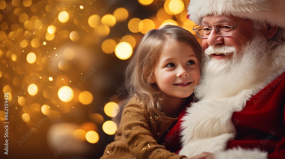 A child in the arms of Santa Claus near the Christmas tree A child in the arms of Santa Claus near the Christmas tree