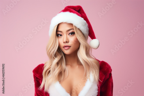 Beautiful Asian woman with long blond hair wearing Christmas Santa Claus costume in front of pink background