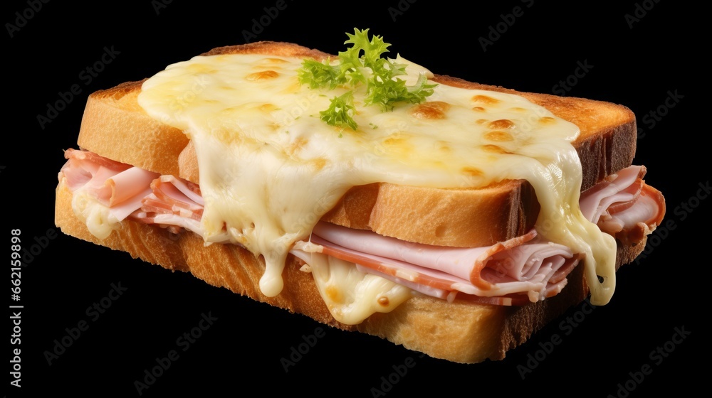 A delicious ham and cheese sandwich on a sleek black background