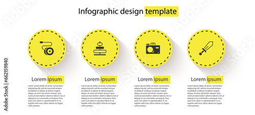 Set Yoyo toy, Pyramid, Photo camera and Sword. Business infographic template. Vector