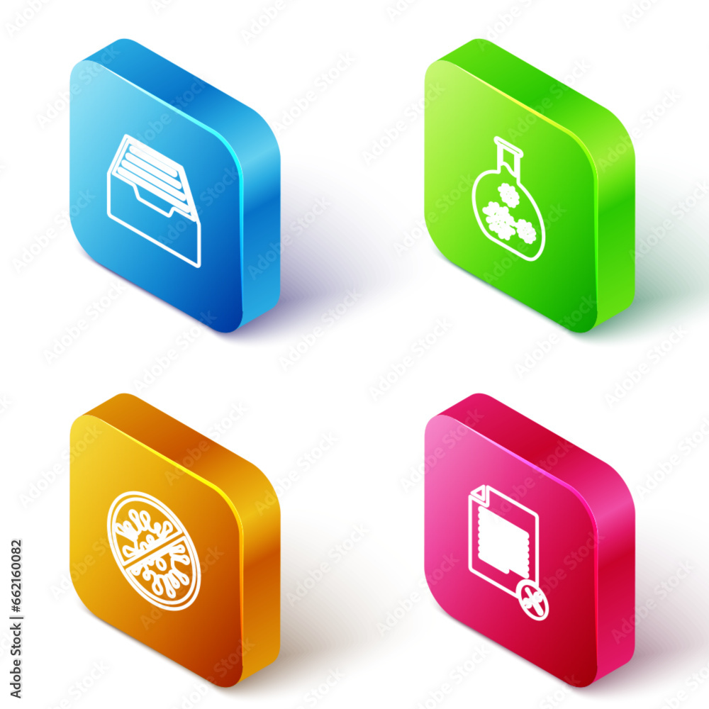 Set Isometric line Drawer with documents, Test tube virus, Stop virus, bacteria and File service icon. Vector Set Isometric line Drawer with documents, Test tube virus, Stop virus, bacteria and File service icon. Vector